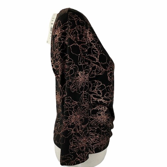 MSK Black Rose Gold Glitter Floral Wrap Top L - Picture 4 of 13